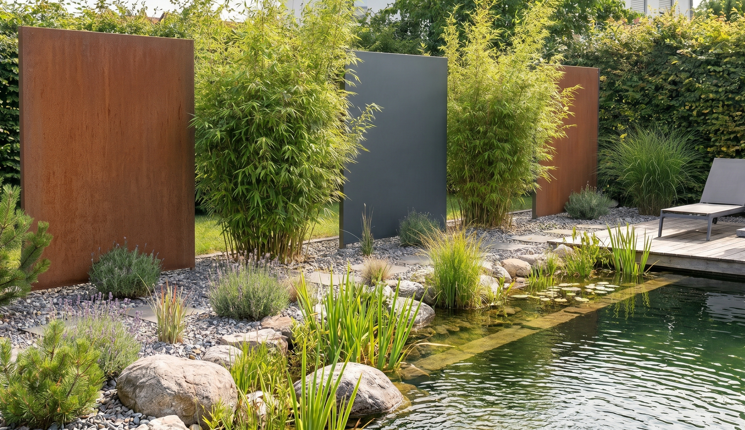 Sichtschutz Cortenstahl und Aluminium RAL 7016 1400 x 1800 mm am Pool