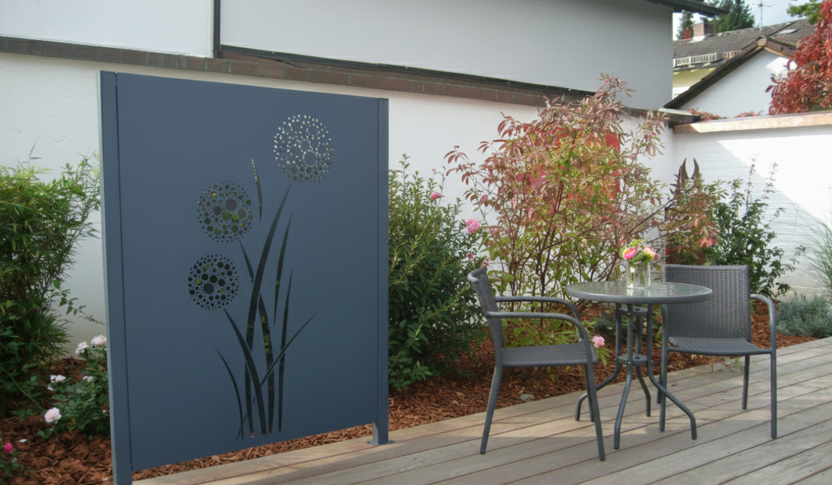 Sichtschutz Aluminium Anthrazit Pulverbeschichtet mit Motiv Pusteblume