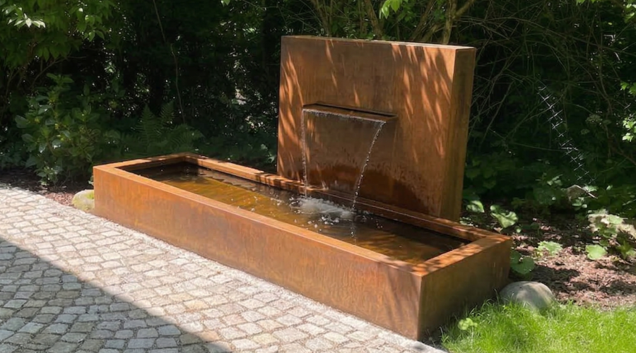 Oolex brunnen wasserspiel cortenstahl mit rueckwand und wasserschuette massanfertigung