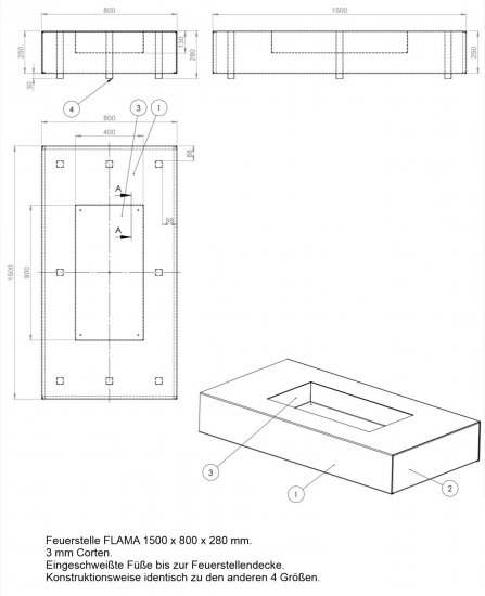 Detail Feuerstelle Gartenfeuer Cortenstahl FLAMA darum standsicher