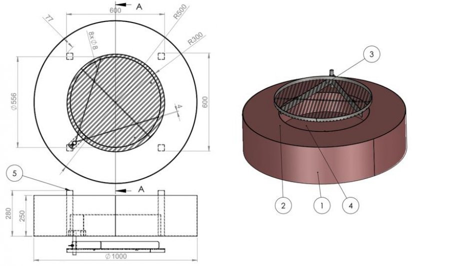 Feuerstelle Gartenfeuer rund Cortenstahl TORO schwenkbarer Grillrost