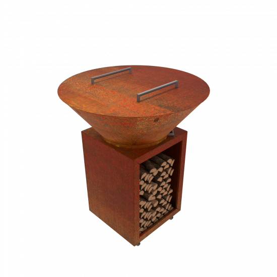 Gartengrill Grillsäule Kontaktgrill Cortenstahl mit Edelstahl Grillfäche Zubehör Deckel als Regenschutz