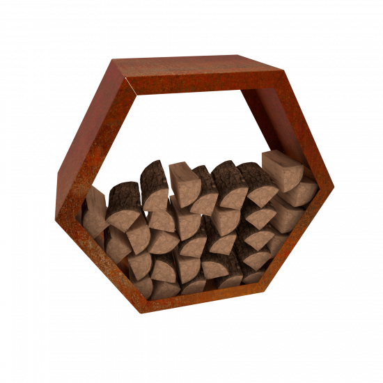 Holzlager Cortenstahl sechseckig stapelbar für die Terrasse