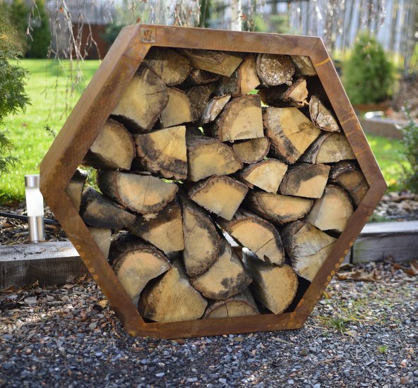 Holzlager Kaminholzlager Cortenstahl sechseckig für den Garten