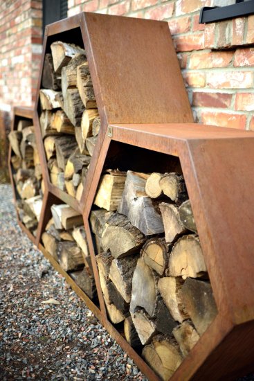 Holzlager Kaminholzlager Cortenstahl sechseckig stapelbar