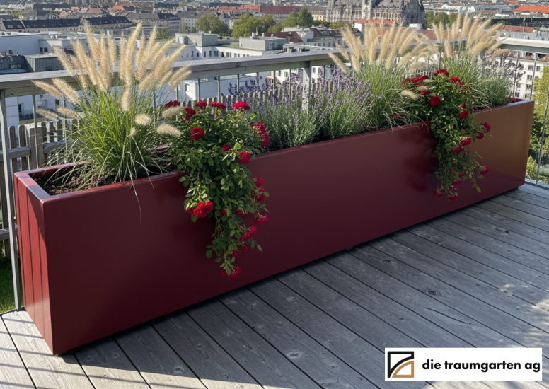 Pflanzgefäß Aluminium RAL 3005 Pulverbeschichtet mit Boden für Dachterrasse