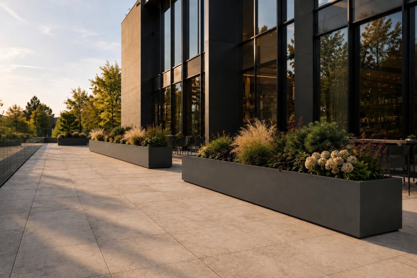 Pflanzkuebel cube hochbeet fiberglas lang quadrat 200cm anthrazit grau terrasse