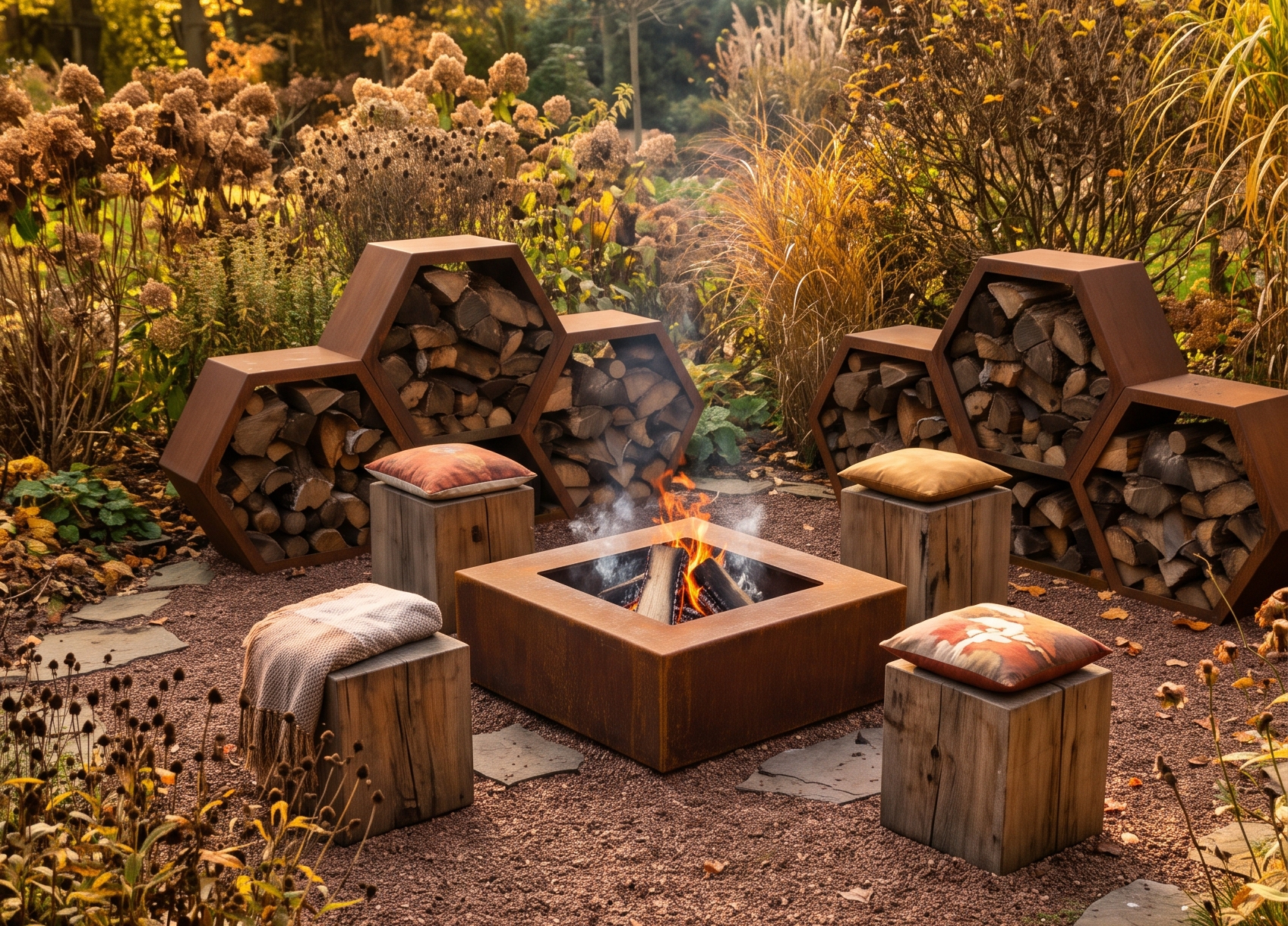 holzlager-feuerstelle-cortenstahl-stimmung-herbst